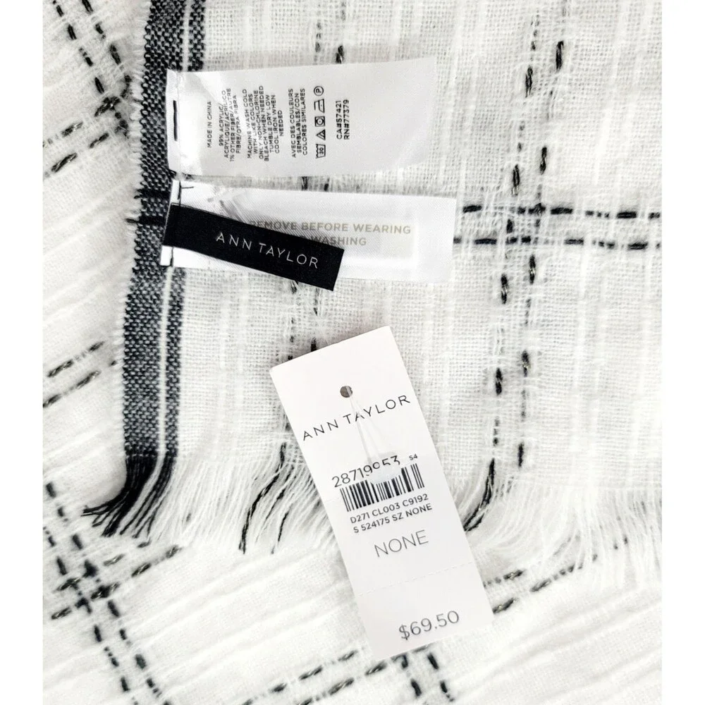 Ann Taylor Fringed Blanket Scarf White Black Plaid Gold Accents 80x27 NWT $70